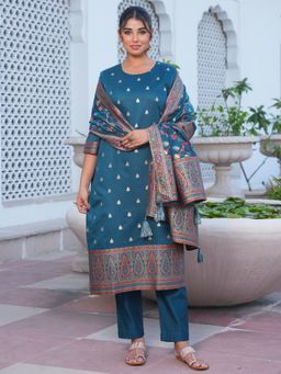 ARAMYA - Teal Woven Round Neck Kurta with Pant and Dupatta