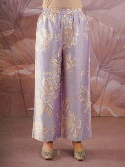 ARAMYA - Women Roman Silk Gold Foil Lavender Palazzo