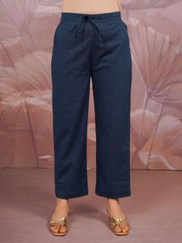 ARAMYA - Women Cotton Dobby Solid Blue Pant