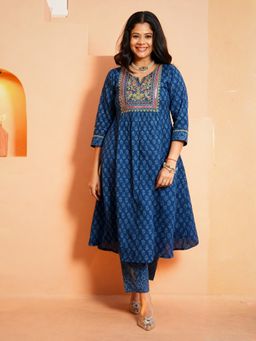 ARAMYA - Blue Embroidered Round Neck Anarkali Kurta with Pant