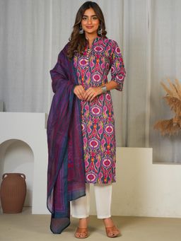ARAMYA - Multi-Color Printed Mandarin Neck Kurta with Pant and Dupatta