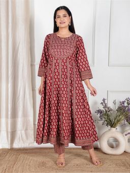 ARAMYA - Red Floral Keyhole Neck Anarkali Kurta with Pant