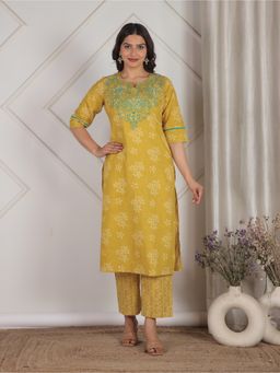 ARAMYA - Yellow Floral Round Neck Kurta with Pant