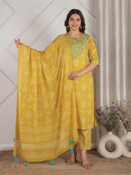 ARAMYA - Yellow Floral Round Neck Kurta with Pant and Dupatta