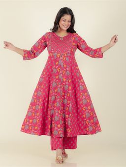 ARAMYA - Pink Floral Keyhole Neck Anarkali Kurta with Palazzo