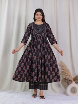 ARAMYA - Black Floral Round Neck Anarkali Kurta with Pant