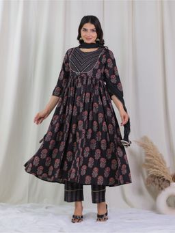 ARAMYA - Black Floral Round Neck Anarkali Kurta with Pant and Dupatta