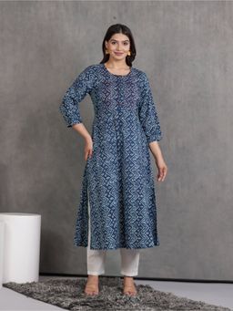 ARAMYA - Blue Geometric Round Neck Kurta with Pant