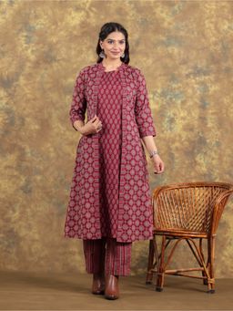 ARAMYA - Maroon Floral Round Neck Kurta with Pant and Jacket