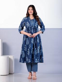 ARAMYA - Indigo Floral V-Neck Anarkali Kurta with Pant