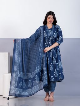 ARAMYA - Indigo Floral V-Neck Anarkali Kurta with Pant and Dupatta