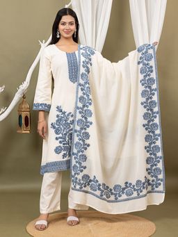Kidar - White Floral Round Neck Kurta with Pant and Dupatta