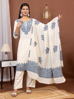 Kidar - White Floral Round Neck Kurta with Pant and Dupatta