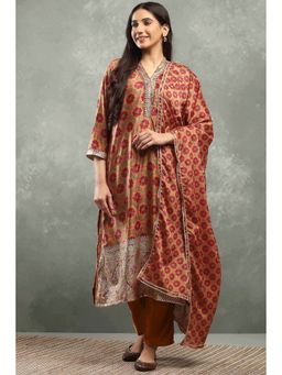 Rangriti - Women Floral Printed Straight Mustard Kurta with Pant and Dupatta