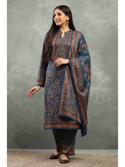 Rangriti - Women Floral Printed Straight Teal Kurta with Pant and Dupatta