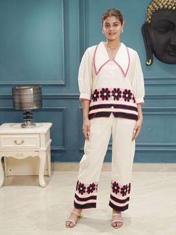 Kidar - Off White Floral V-Neck Co-Ord Set