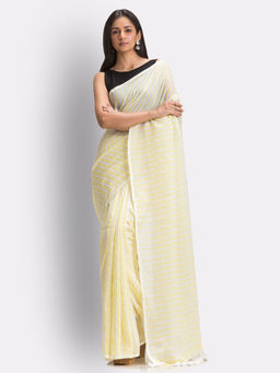 Angoshobha - White & Yellow Stripes Molmol Cotton Saree with Unstitched Blouse