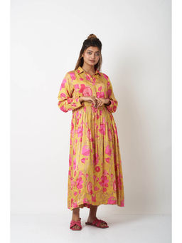 Vasstram - Yellow Waist Gather Collar Dress