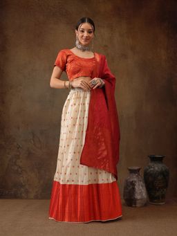 Silk Land - Red Zari Butti Semi Stitched Lehenga and Unstitched Blouse with Dupatta (Set of 3)