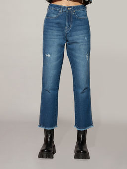 Twenty Dresses by Nykaa Fashion - Madonna Blue High Waist Frayed Hem Full Length Denims