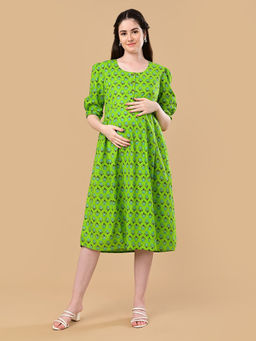 The Mom Store - Green Floral Cotton Regular Fit Maternity Dress
