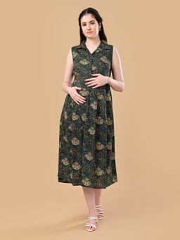 The Mom Store - Green Floral Cotton Regular Fit Maternity Dress