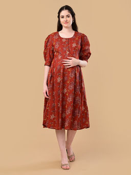 The Mom Store - Maroon Floral Cotton Regular Fit Maternity Dress