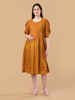 The Mom Store - Mustard Floral Cotton Regular Fit Maternity Dress