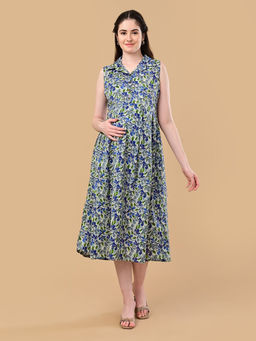 The Mom Store - Blue Floral Cotton Regular Fit Maternity Dress