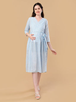 The Mom Store - Blue Printed Cotton Regular Fit Maternity Dress