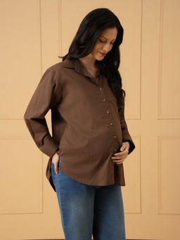 The Mom Store - Brown Solid Cotton Oversized Fit Shirt