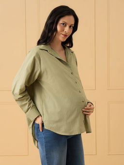The Mom Store - Olive Solid Cotton Oversized Fit Shirt