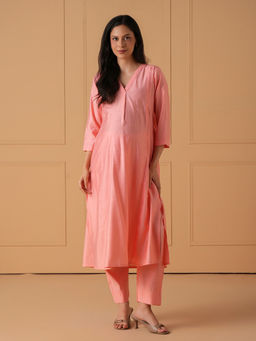 The Mom Store - Peach Solid Cotton Comfortable Fit Kurta and Pant