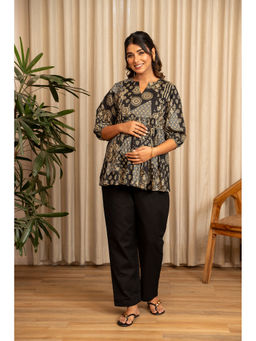 Ikk Kudi By Seerat - Black Printed Cotton Regular Fit Nursing Top