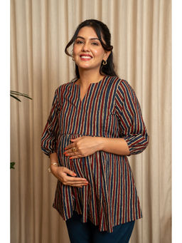 Ikk Kudi By Seerat - Red Stripes Cotton Regular Fit Nursing Top