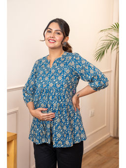 Ikk Kudi By Seerat - Blue Printed Cotton Regular Fit Nursing Top