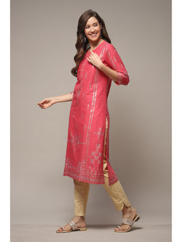 Biba - Womens Pink Printed Cotton Straight Kurta