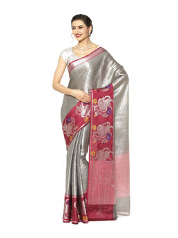 Banarasi Silk Works - Grey Zari Kanchi Silk Tanchoi Meena Saree with Unstitched Blouse