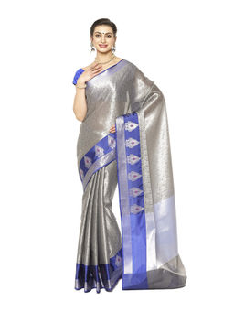Banarasi Silk Works - Grey Zari Kanchi Silk Tanchoi Meena Saree with Unstitched Blouse