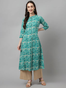 FIORRA - Women Cotton Teal Floral Printed Kurta