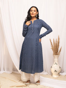 FIORRA - Women Cotton Blue Floral Printed Flared Kurta