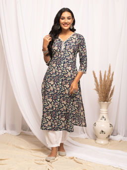 FIORRA - Women Cotton Blue Floral Printed Kurta