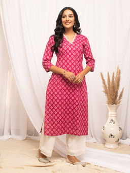 FIORRA - Women Cotton Pink Floral Printed Kurta