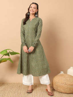 FIORRA - Women Cotton Green Floral Printed Flared Kurta