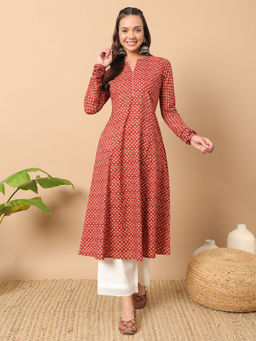 FIORRA - Women Cotton Red Floral Printed Flared Kurta