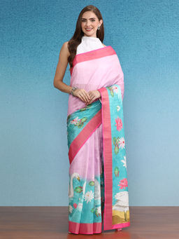 Silk Land - Pink Oversized Animal Printed Zari Border Silk Saree with Unstitched Blouse