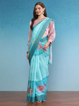 Silk Land - Blue Vibrant Hues Digital Printed Zari Border Silk Saree with Unstitched Blouse