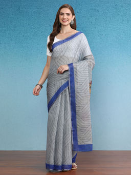 Silk Land - Grey Cotton Zari Tissue Printed Saree with Unstitched Blouse