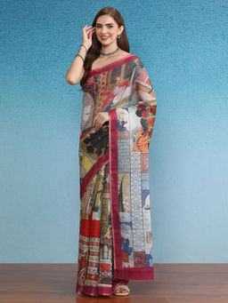 Silk Land - Multi-Color Cotton Zari Tissue Printed Saree with Unstitched Blouse