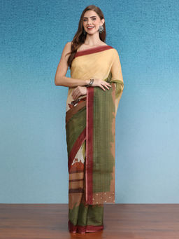 Silk Land - Multi-Color Cotton Zari Tissue Printed Saree with Unstitched Blouse